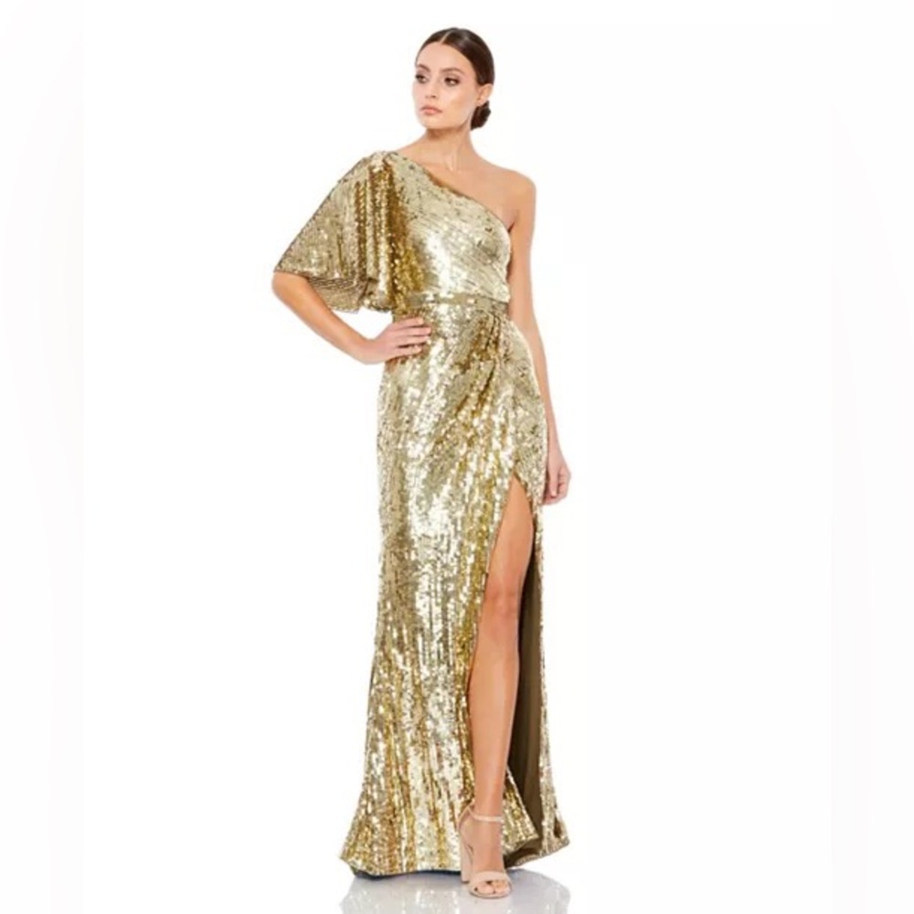 NWT Mac Duggal One Shoulder Sequin Grecian Wrap Gown in Gold Size US 6